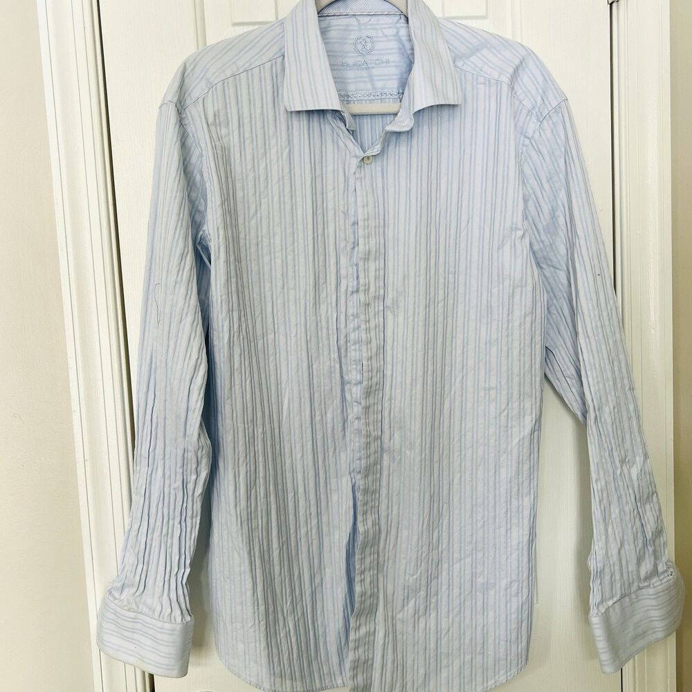 Bugatchi Uomo Light Blue & White Striped Button Down Mens Dress Shirt 18.5 36/37